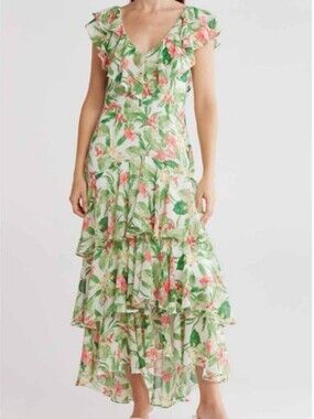 WAYF Floral Ruffled Tiered V-Neck Maxi Dress Hisbicus Flower Size XS -NWT